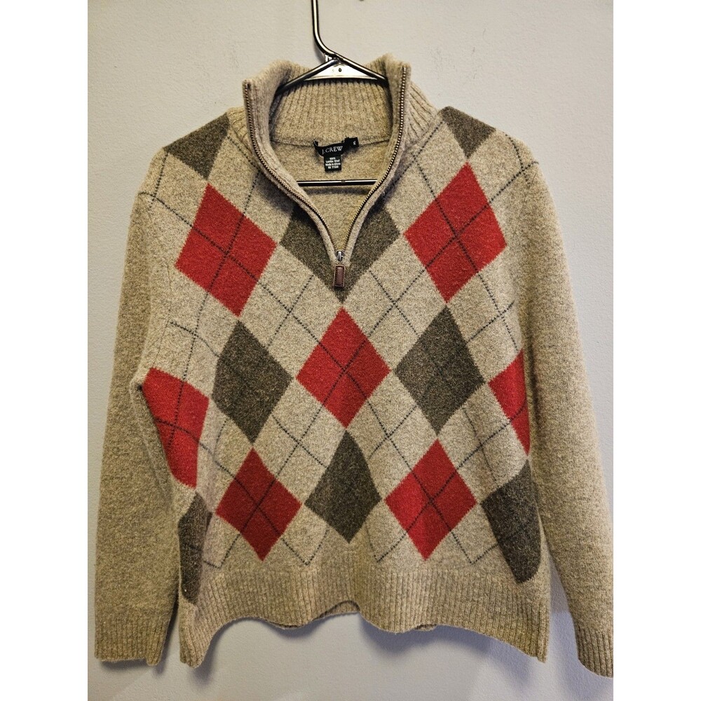 J. Crew Quarter Zip 100% Lambswool Sweater Tan Red Preppy Argyle XL